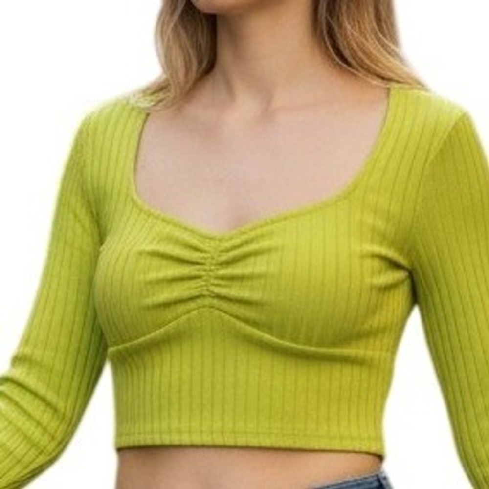 ZARA‎ Ribbed Crop Top Medium Neon Green Long Sleeve Y2K Festival Trendy Clubwear
